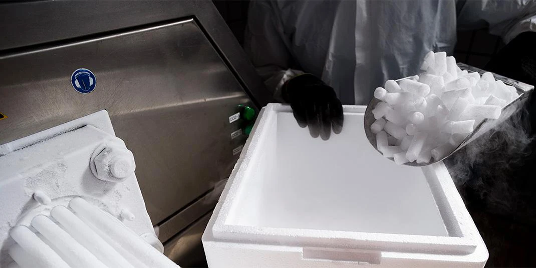 Dry ice loaded into box