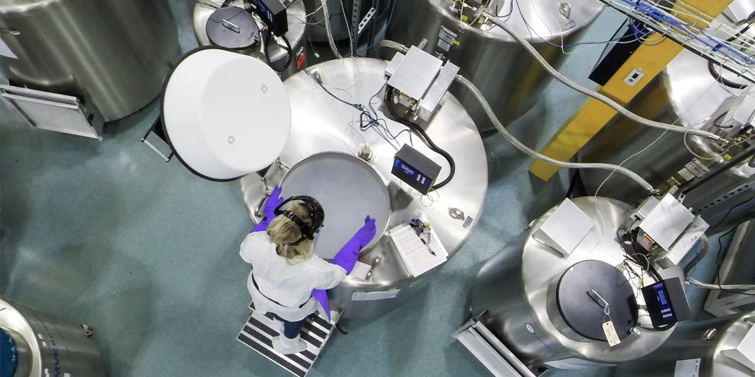 Lab technician inspecting LN2 storage
