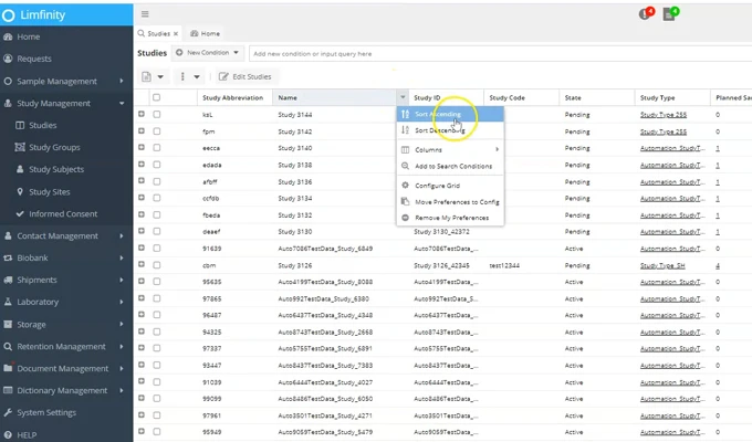 Limfinity® Biobanking LIMS: Configuring Grid Views