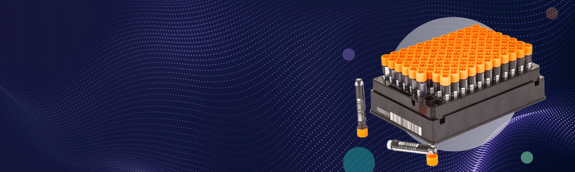 Rack of FluidX tubes on wavy background