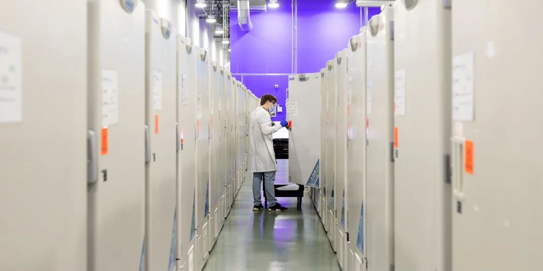 Scientist in freezer farm