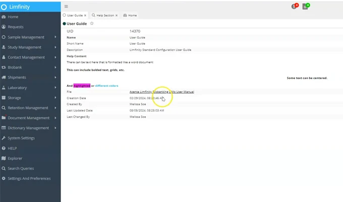 Limfinity® Biobanking LIMS: Help Hints